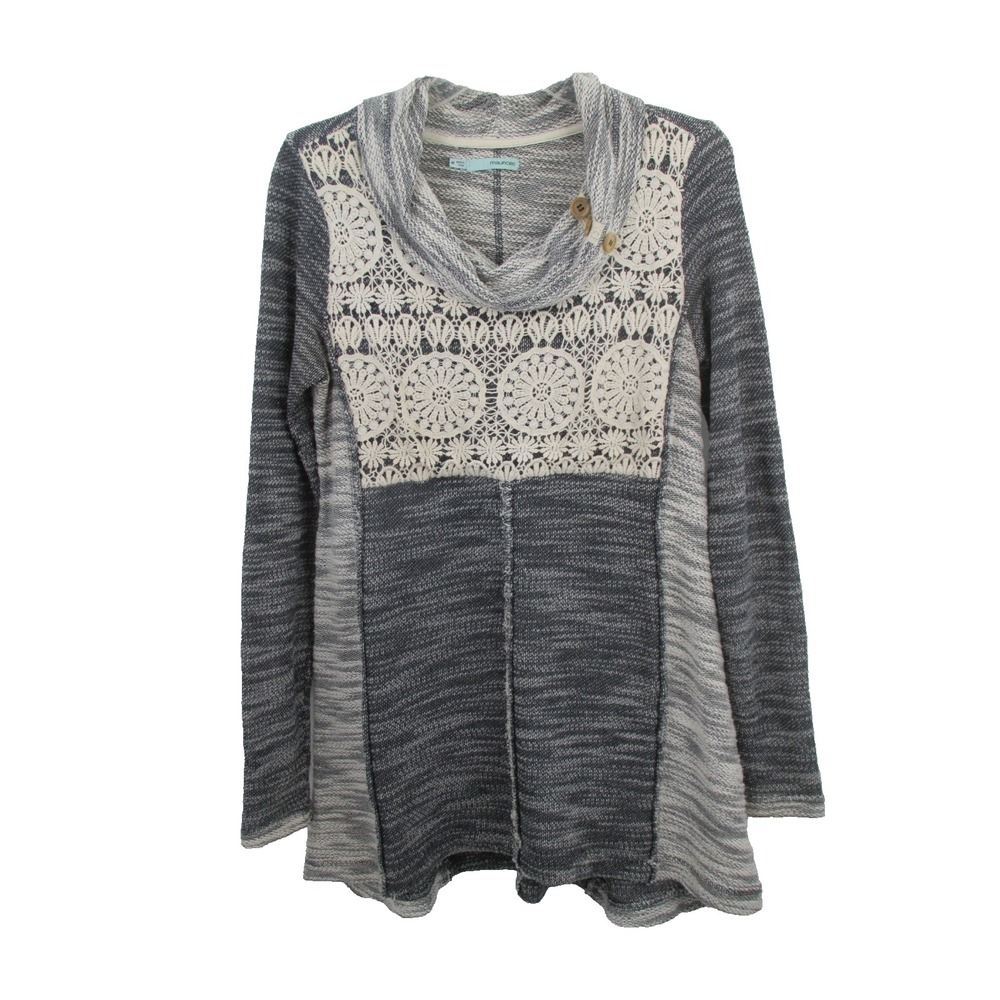 MAURICES Gray Crochet Tunic Blouse Women Medium Cowl Neck Boho Hippie Pullover